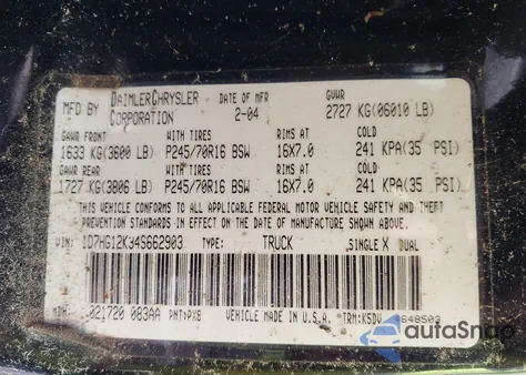 2004 Dodge Dakota из США, поврежденный, VIN 1D7HG12K34S662903